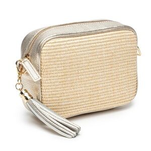 Elie Beaumont Raffia Crossbody Camera Bag Gold Leather Tassel Woven NWOT